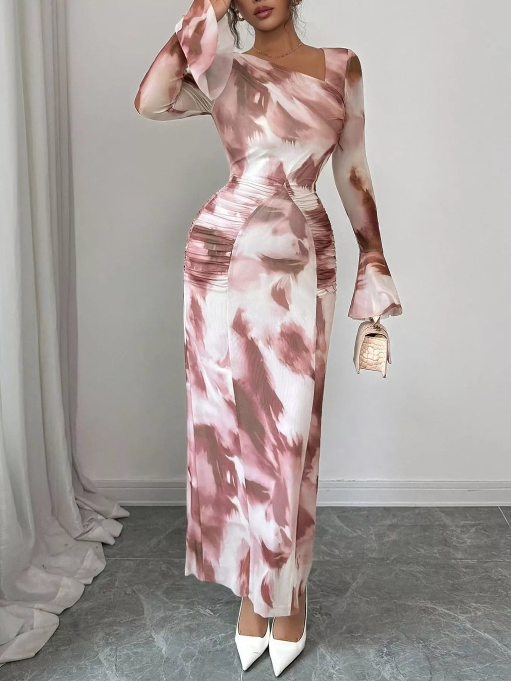 Asymmetrical Neck Long Sleeve Maxi Dress - Lara Moda