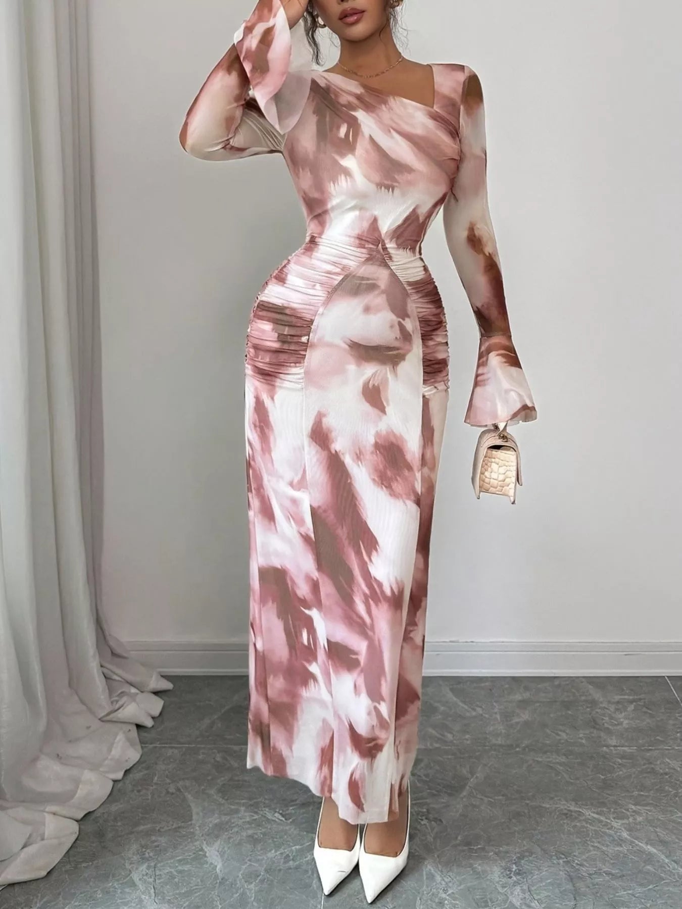 Asymmetrical Neck Long Sleeve Maxi Dress - Lara Moda