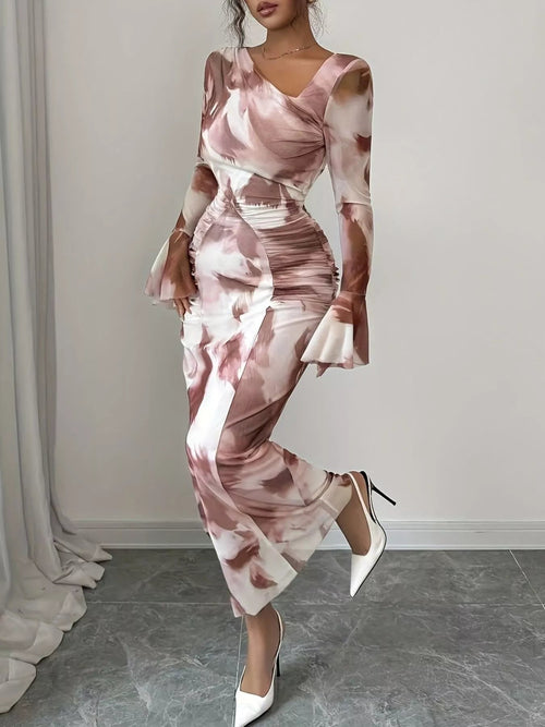 Asymmetrical Neck Long Sleeve Maxi Dress - Lara Moda