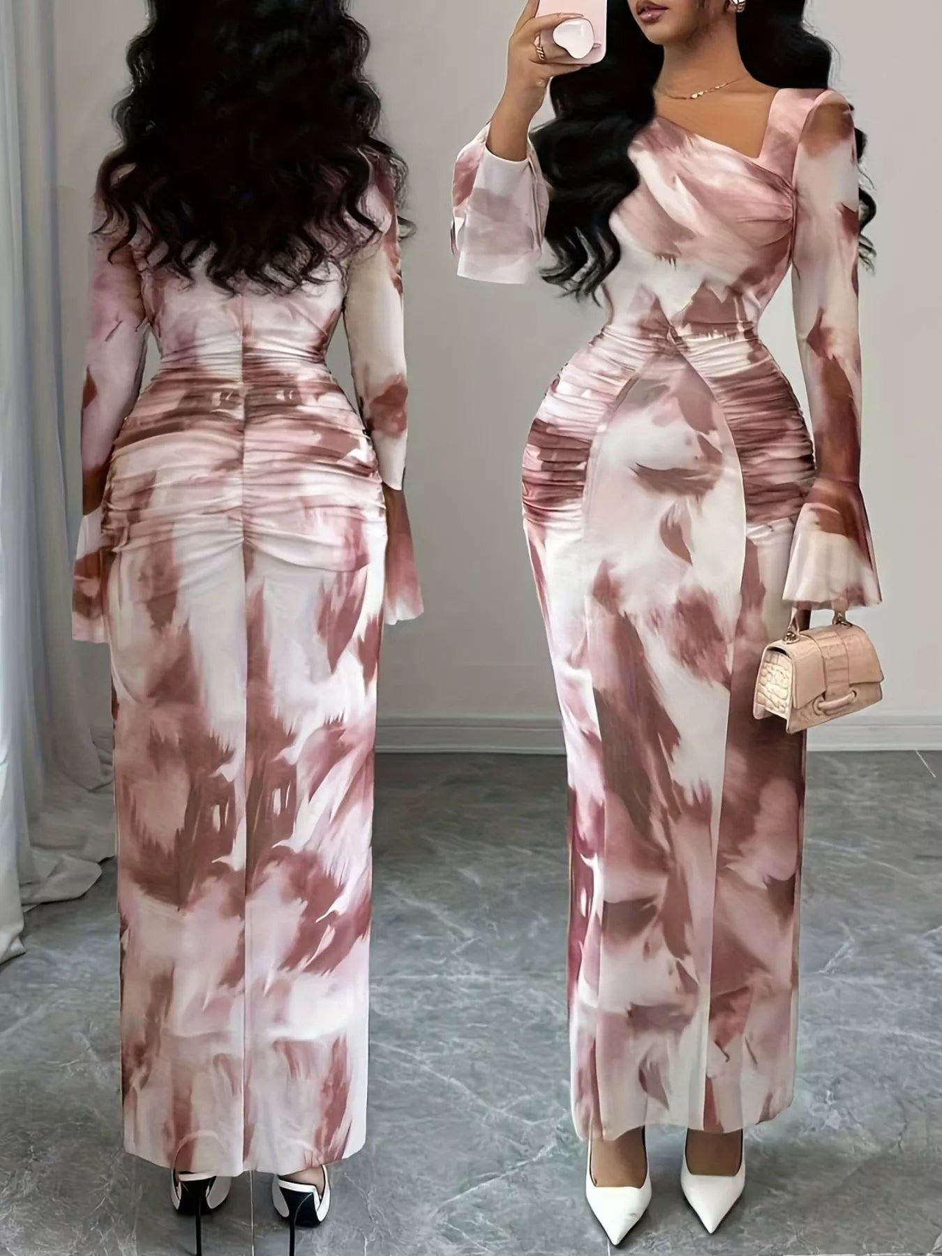 Asymmetrical Neck Long Sleeve Maxi Dress - Lara Moda