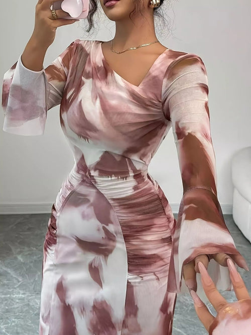 Asymmetrical Neck Long Sleeve Maxi Dress - Lara Moda