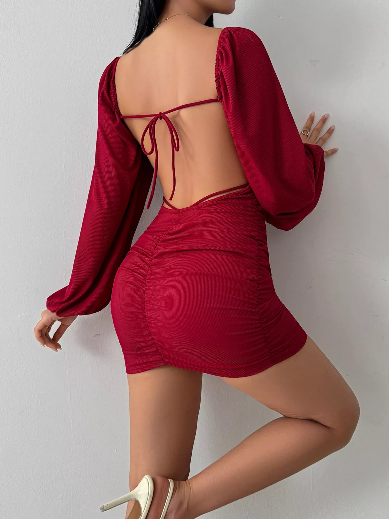 Backless Square Neck Long Sleeve Dress - Lara Moda