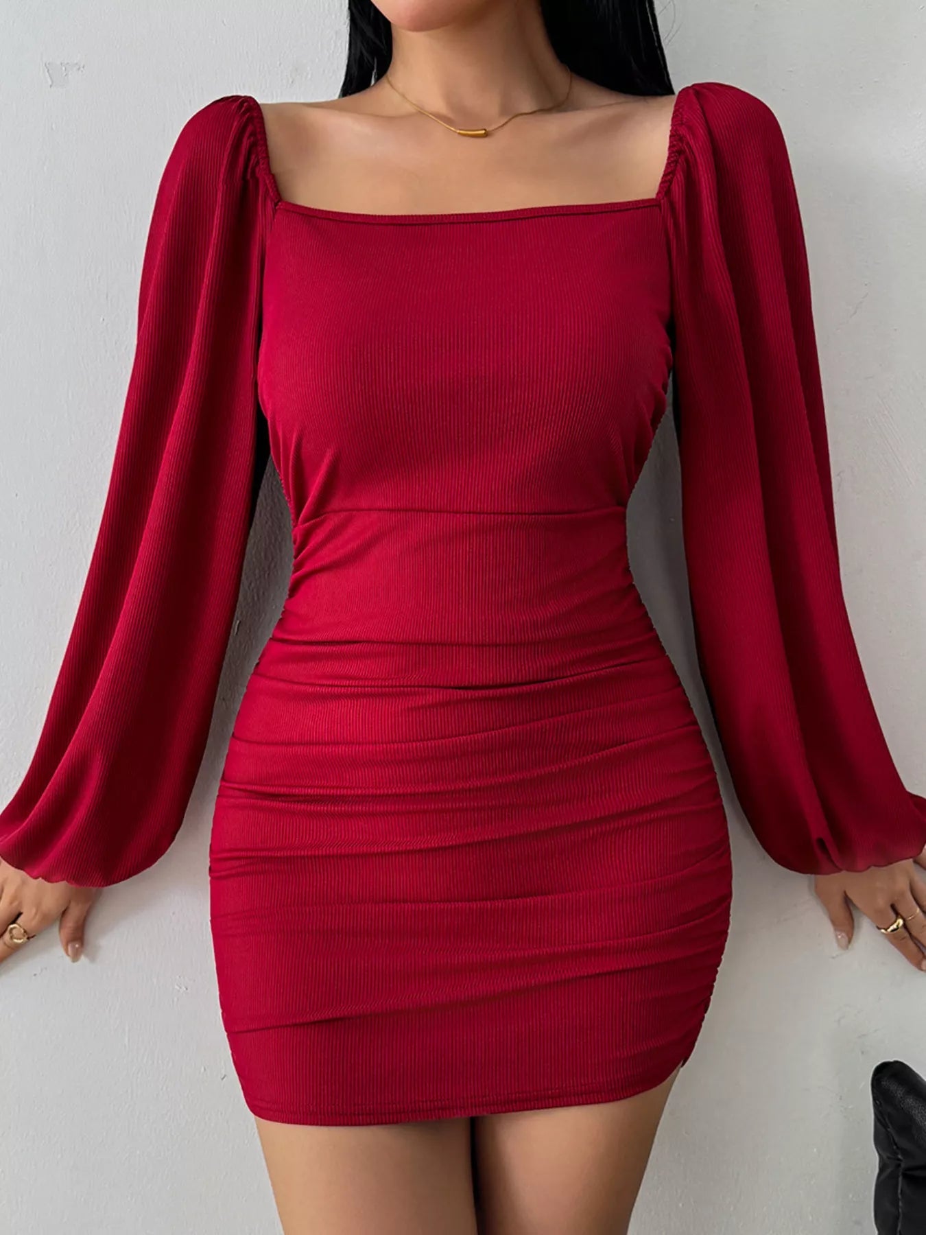 Backless Square Neck Long Sleeve Dress - Lara Moda