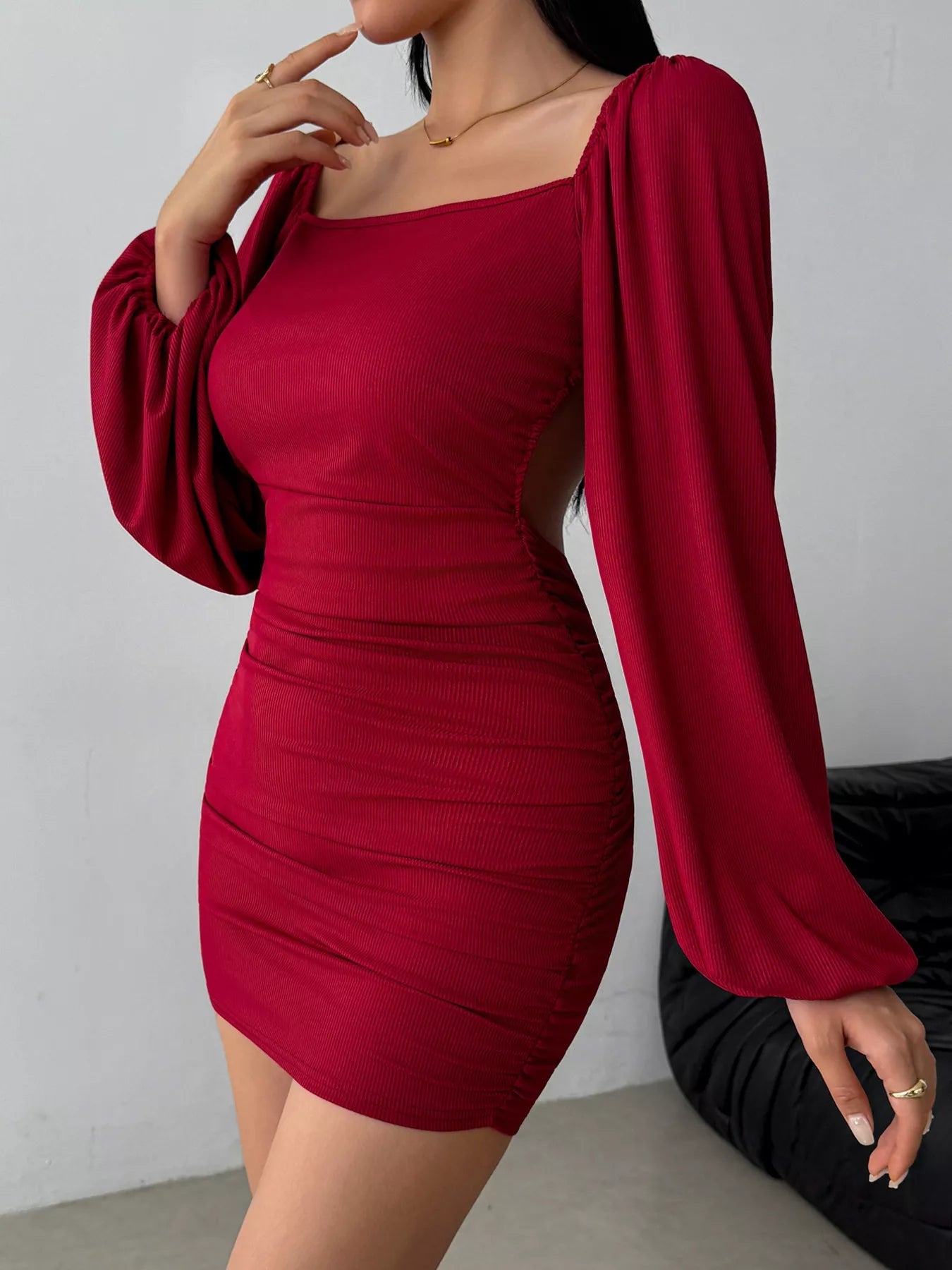 Backless Square Neck Long Sleeve Dress - Lara Moda