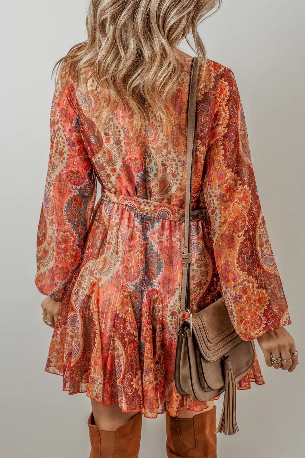 Boho Paisley Print Long Sleeve Mini Dress - Lara Moda