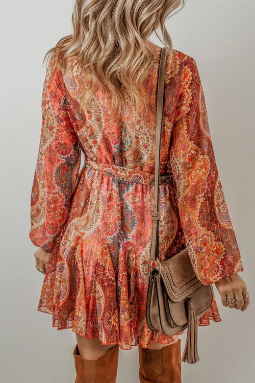 Boho Paisley Print Long Sleeve Mini Dress - Lara Moda