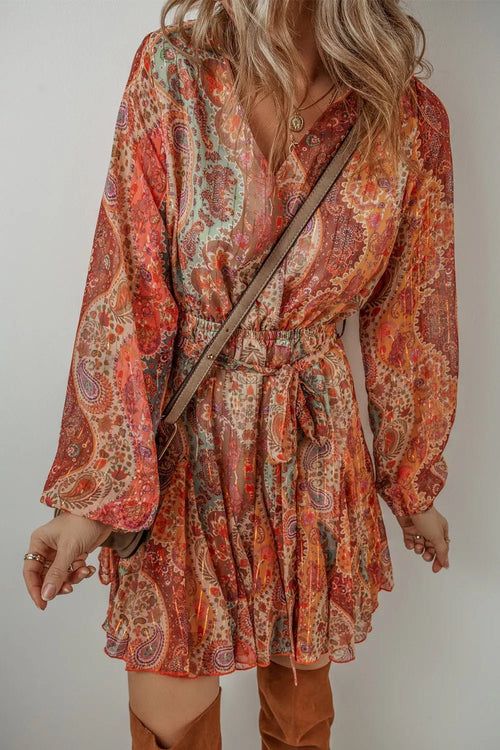 Boho Paisley Print Long Sleeve Mini Dress - Lara Moda