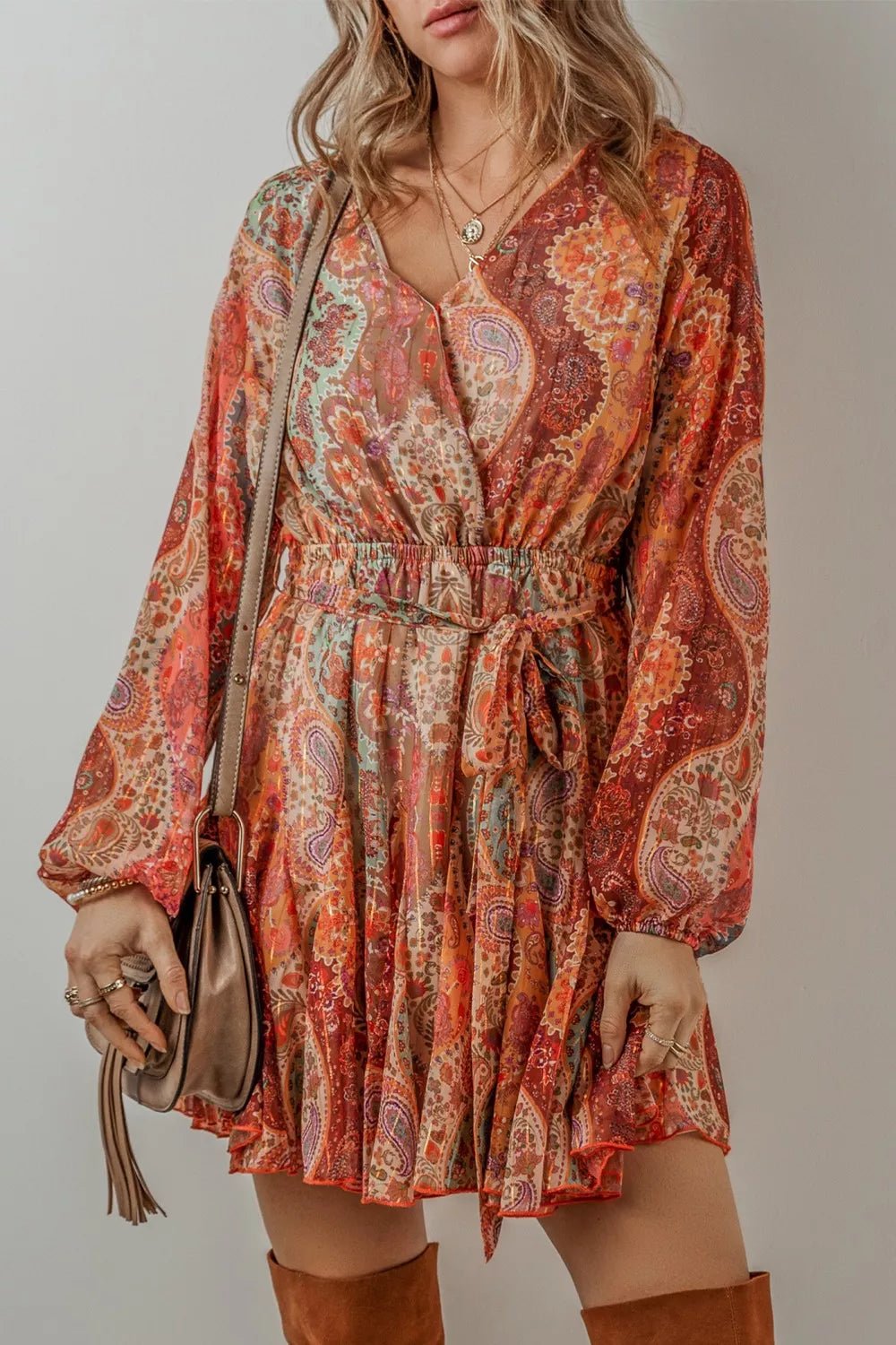 Boho Paisley Print Long Sleeve Mini Dress - Lara Moda