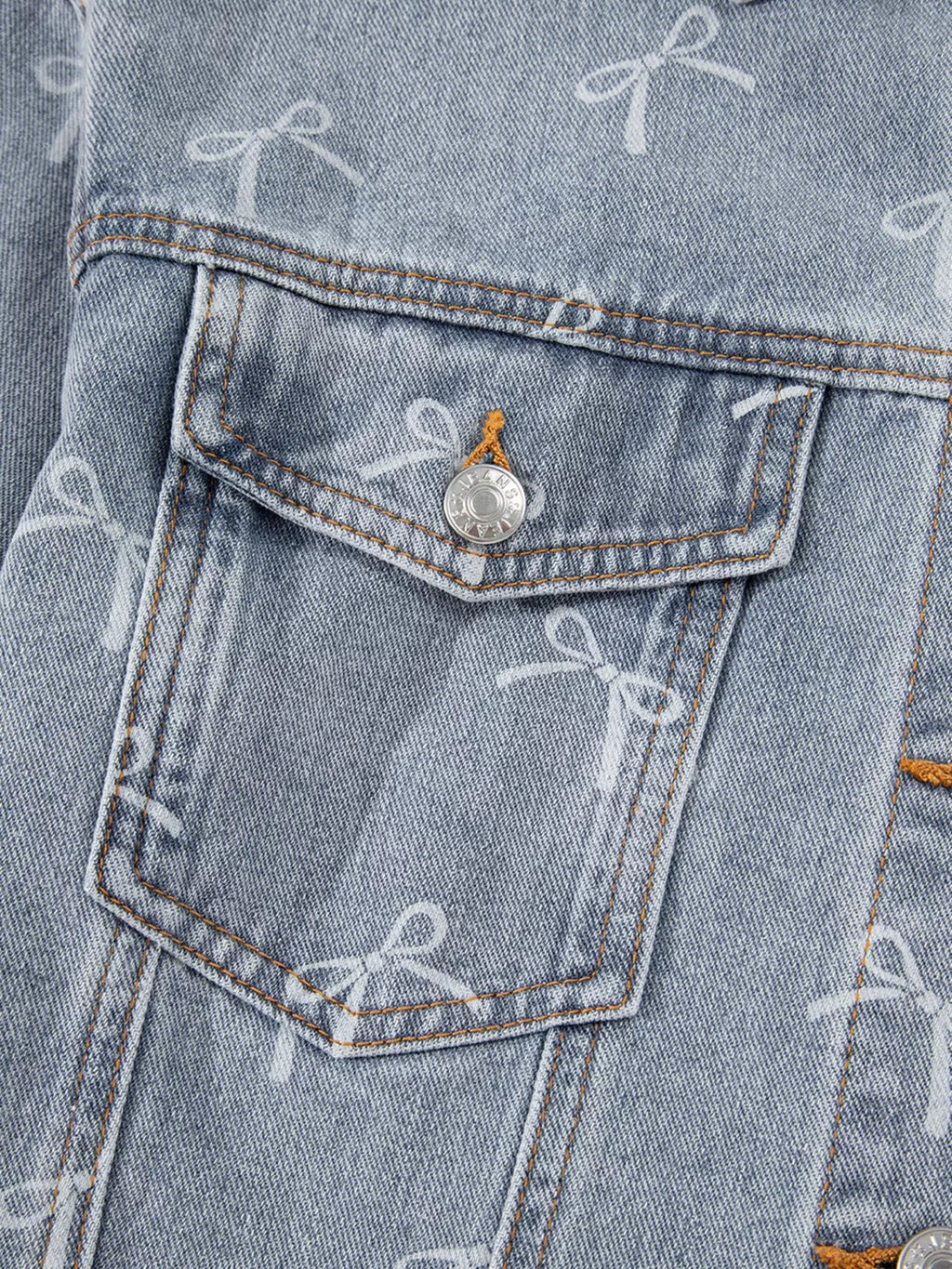 Bow Knot Print Light Wash Raw Hem Denim Jacket - Lara Moda