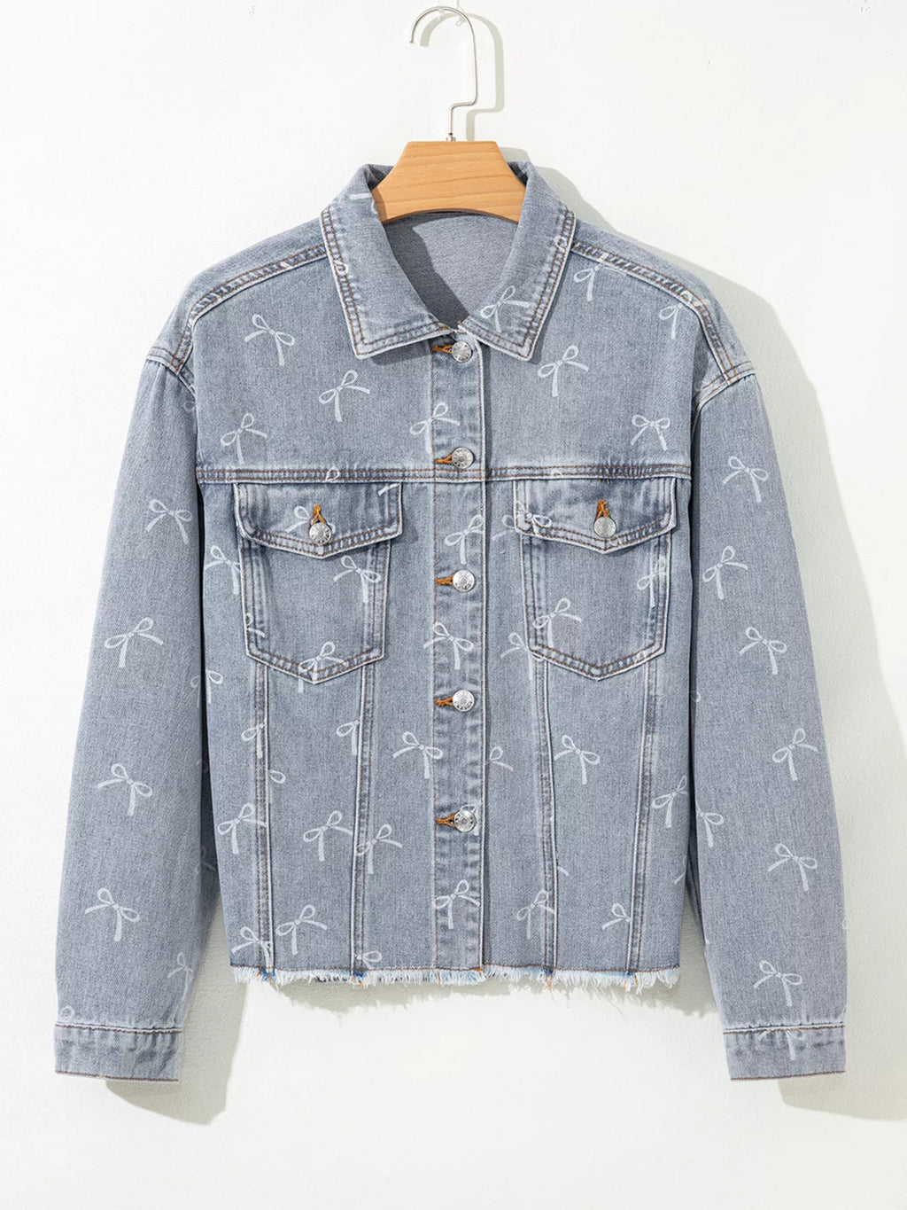Bow Knot Print Light Wash Raw Hem Denim Jacket - Lara Moda
