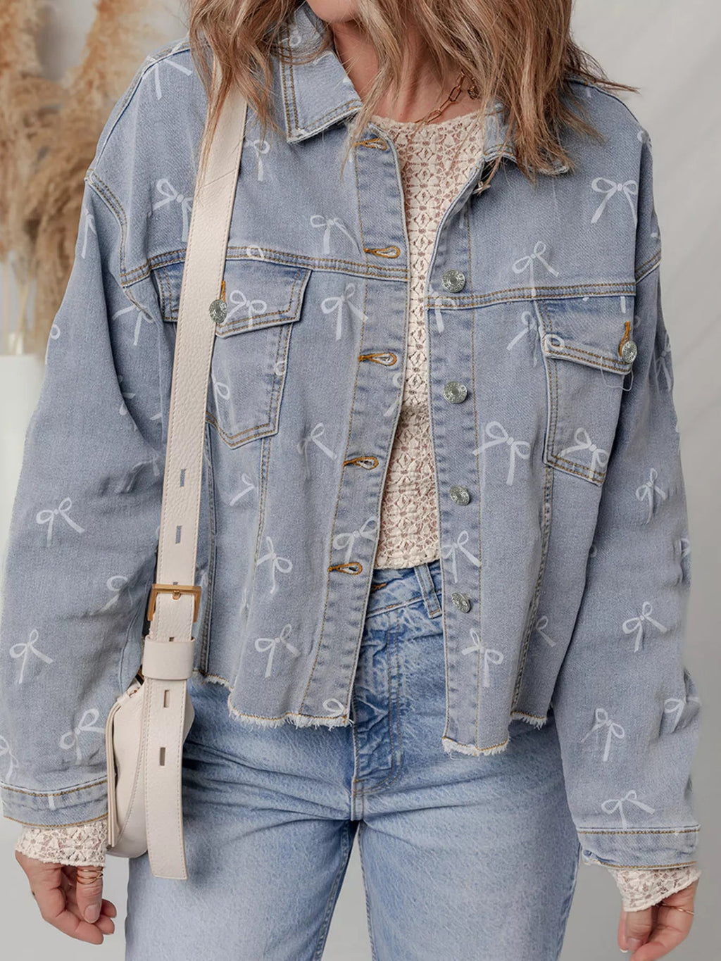 Bow Knot Print Light Wash Raw Hem Denim Jacket - Lara Moda