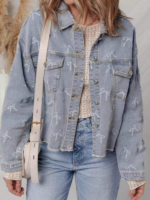 Bow Knot Print Light Wash Raw Hem Denim Jacket - Lara Moda