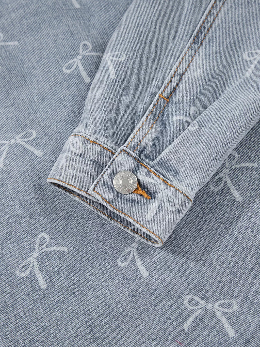 Bow Knot Print Light Wash Raw Hem Denim Jacket - Lara Moda