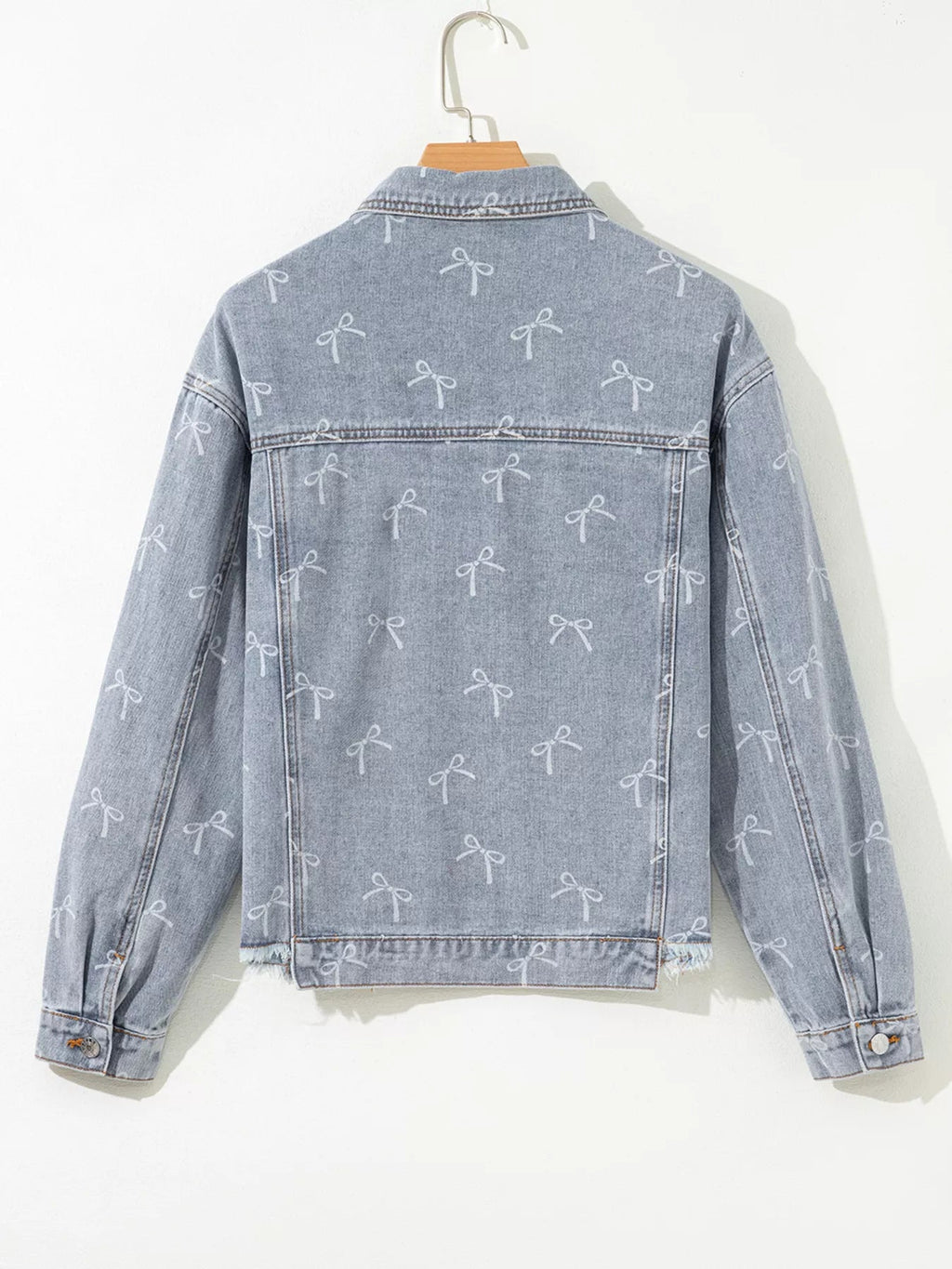 Bow Knot Print Light Wash Raw Hem Denim Jacket - Lara Moda