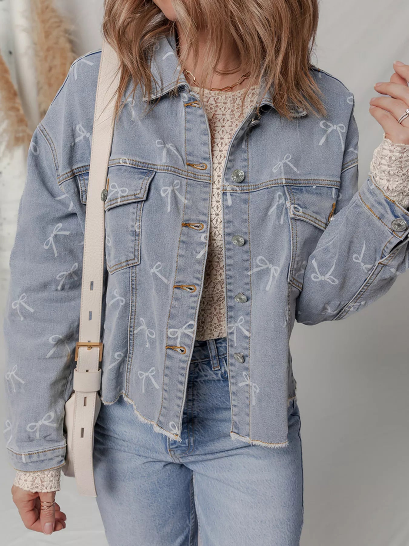 Bow Knot Print Light Wash Raw Hem Denim Jacket - Lara Moda