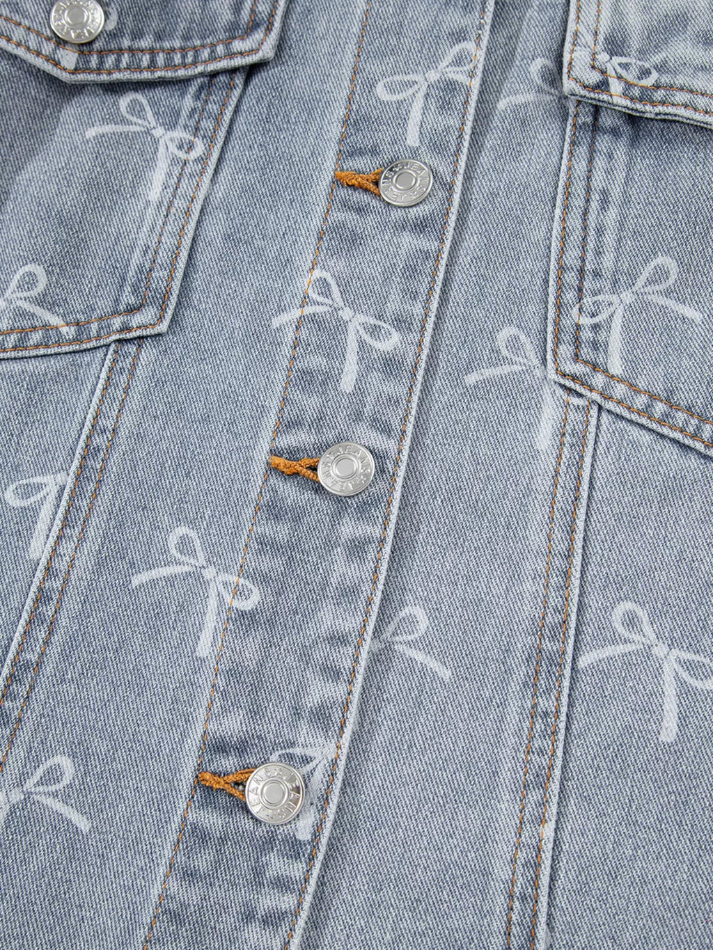 Bow Knot Print Light Wash Raw Hem Denim Jacket - Lara Moda