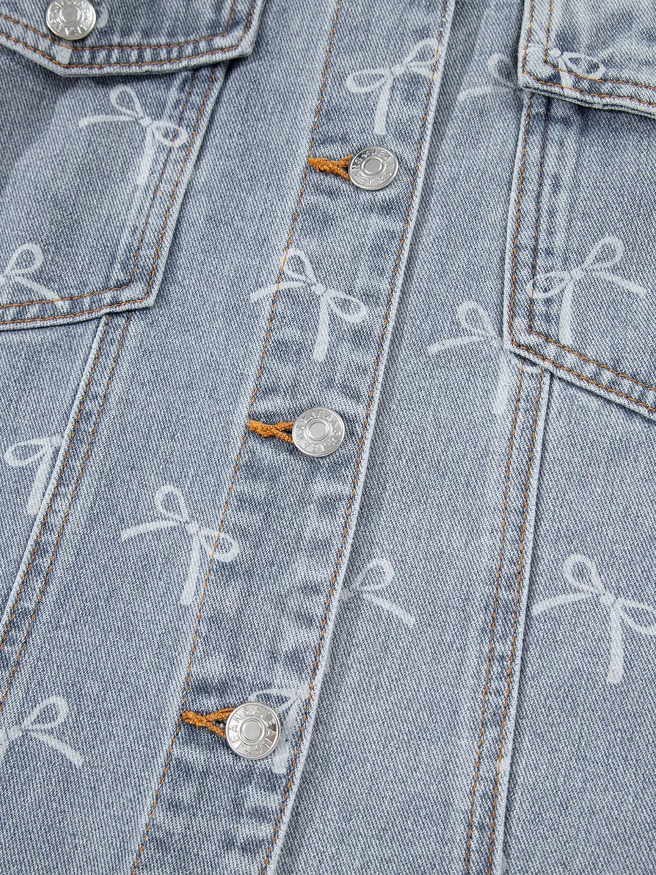 Bow Knot Print Light Wash Raw Hem Denim Jacket - Lara Moda