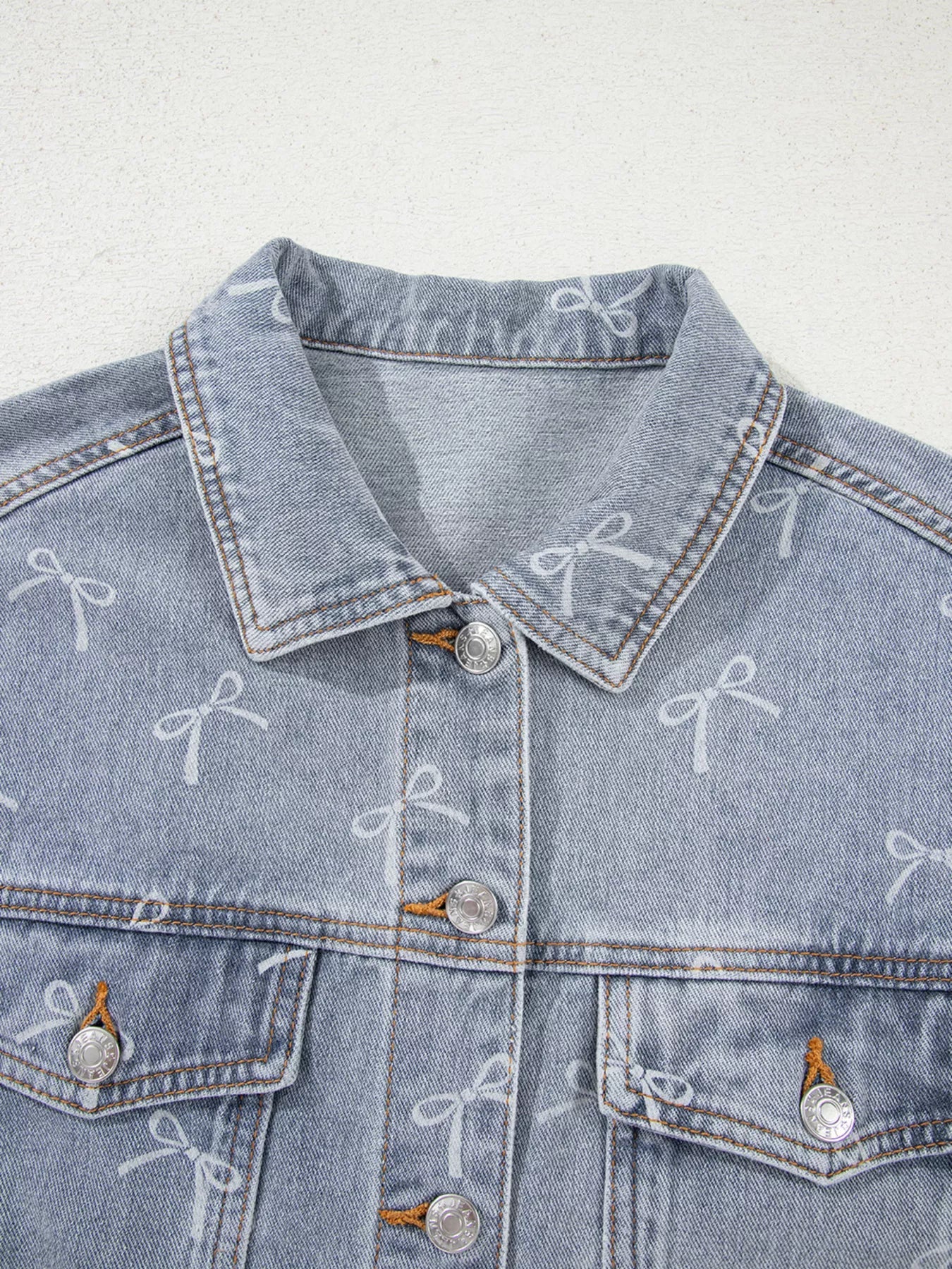 Bow Knot Print Light Wash Raw Hem Denim Jacket - Lara Moda
