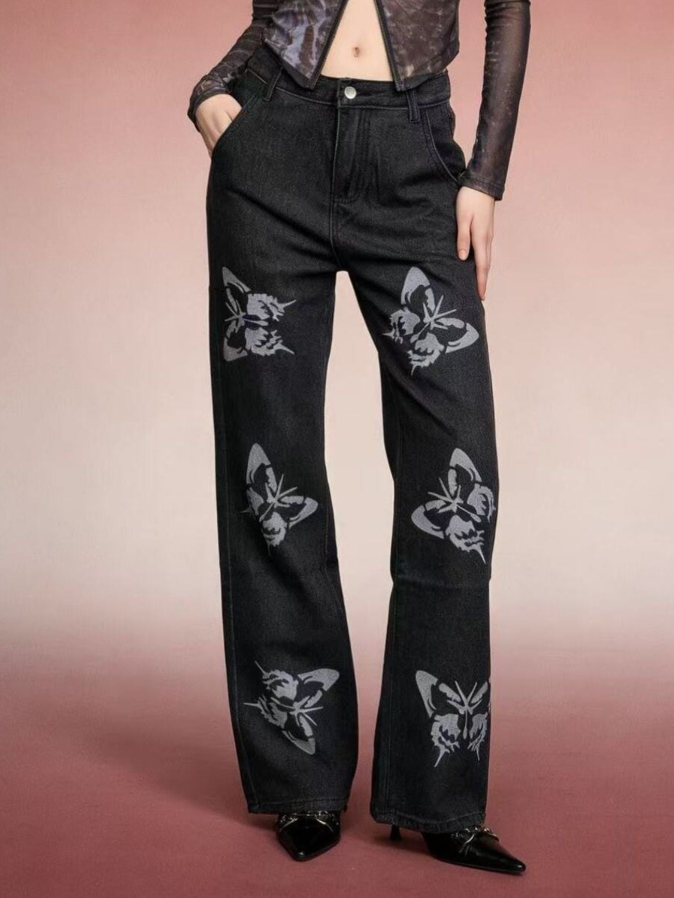 Butterfly Print High-Waisted Wide Leg Jeans - Lara Moda