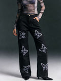Butterfly Print High-Waisted Wide Leg Jeans - Lara Moda