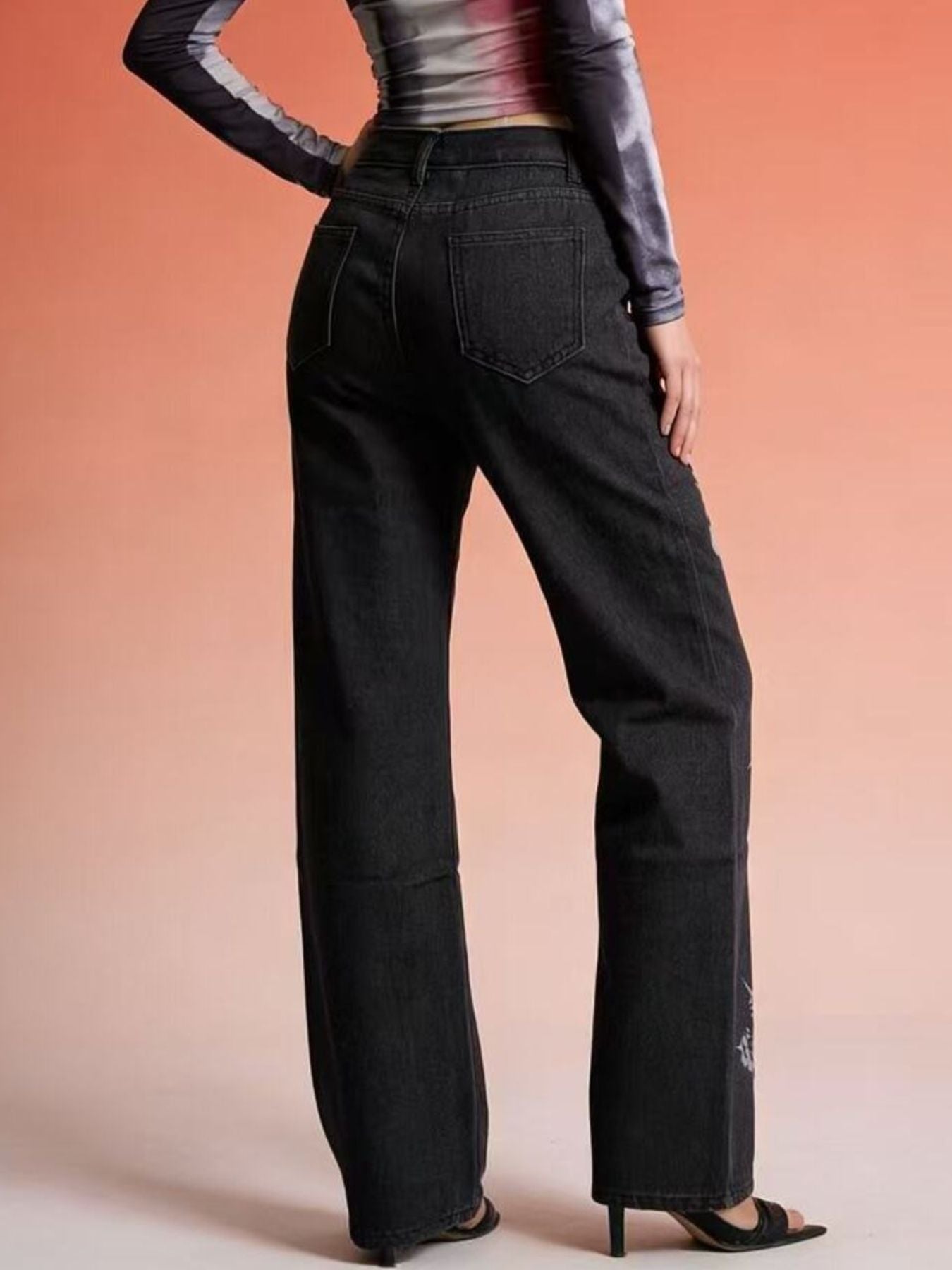 Butterfly Print High-Waisted Wide Leg Jeans - Lara Moda