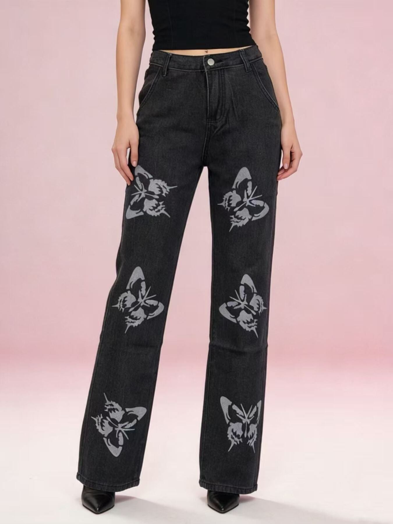 Butterfly Print High-Waisted Wide Leg Jeans - Lara Moda