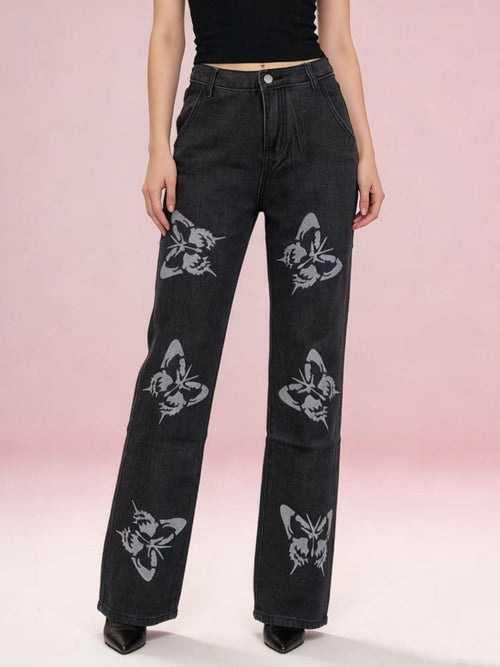 Butterfly Print High-Waisted Wide Leg Jeans - Lara Moda