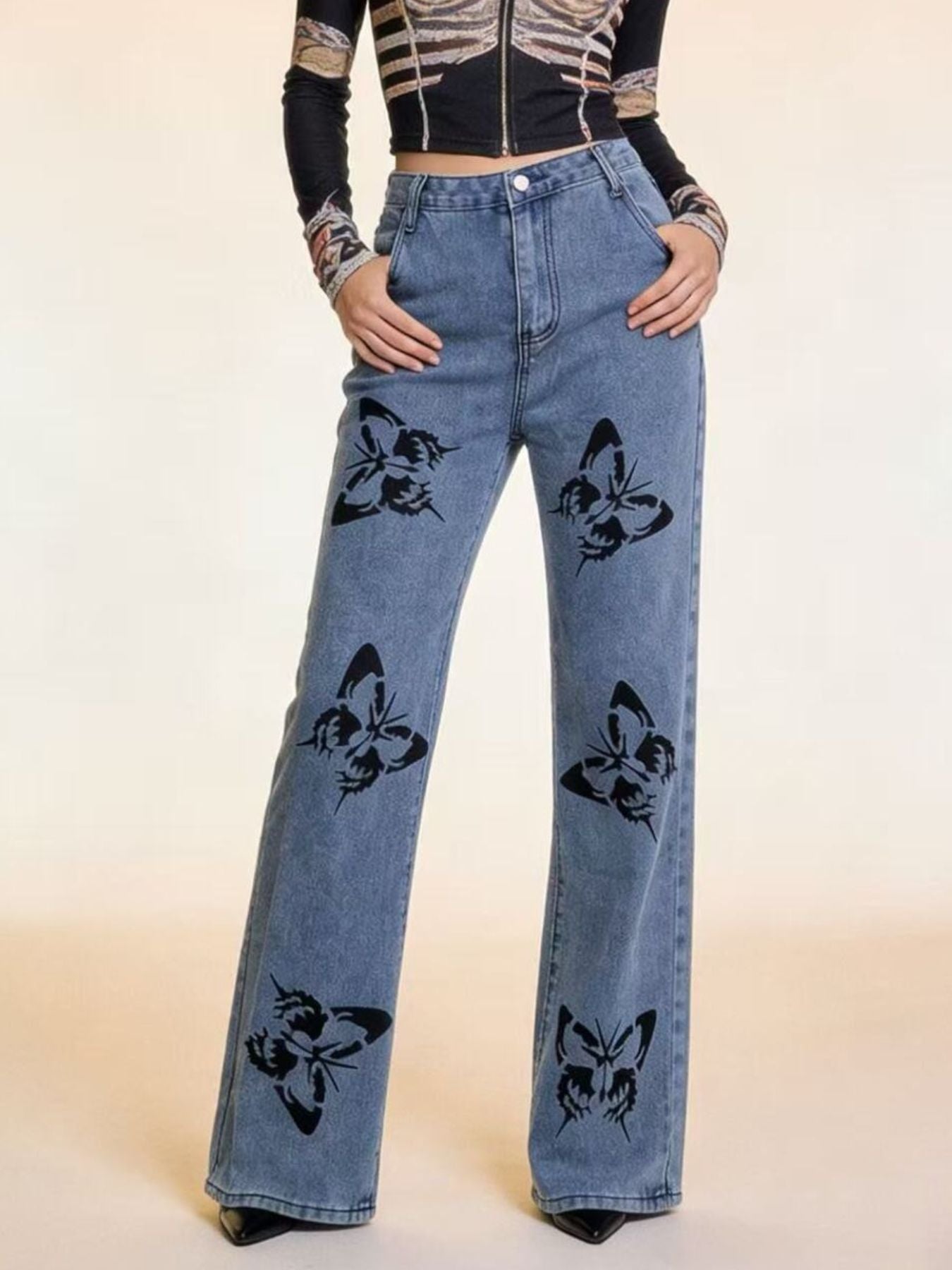 Butterfly Print High-Waisted Wide Leg Jeans - Lara Moda