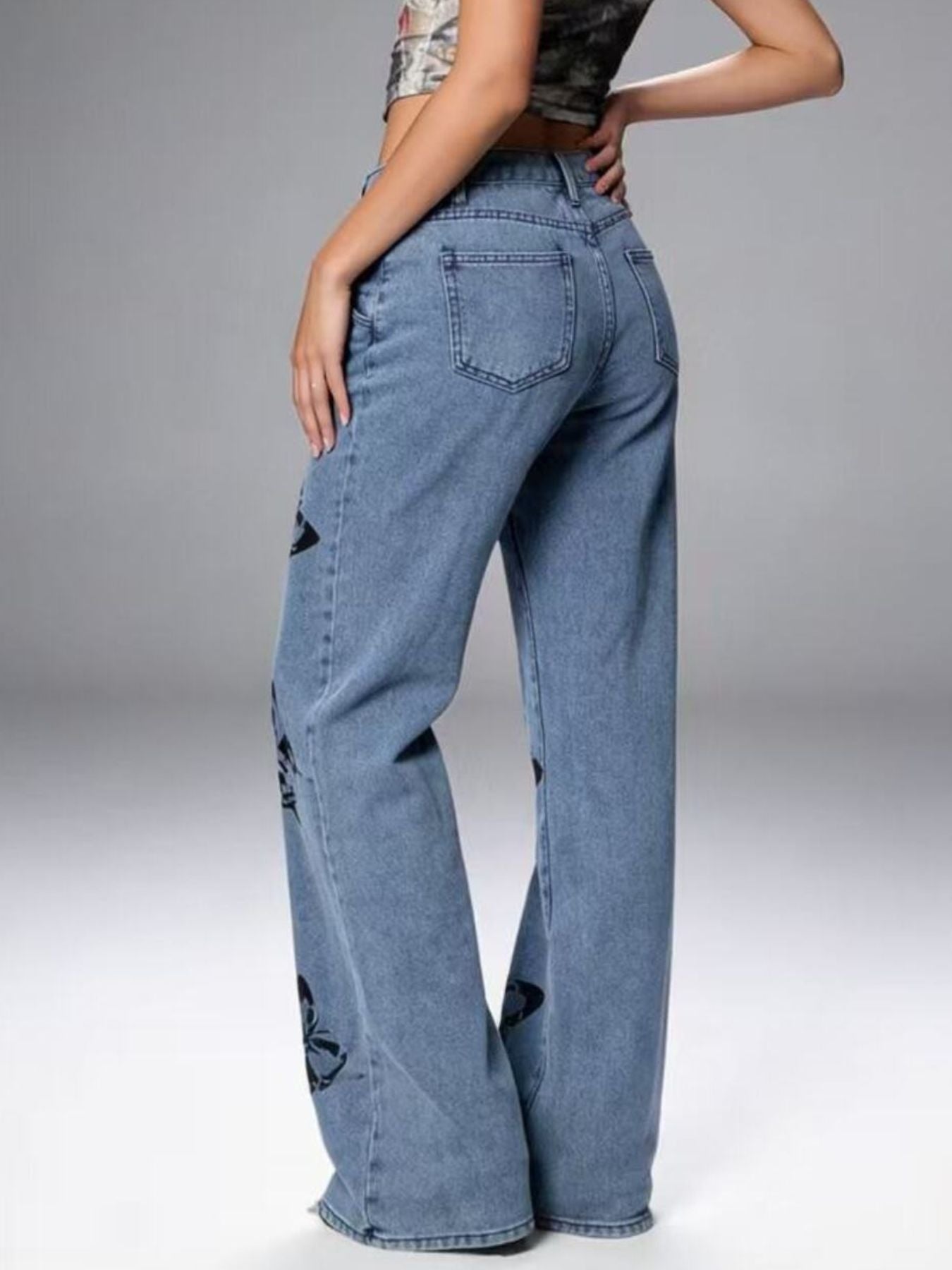 Butterfly Print High-Waisted Wide Leg Jeans - Lara Moda