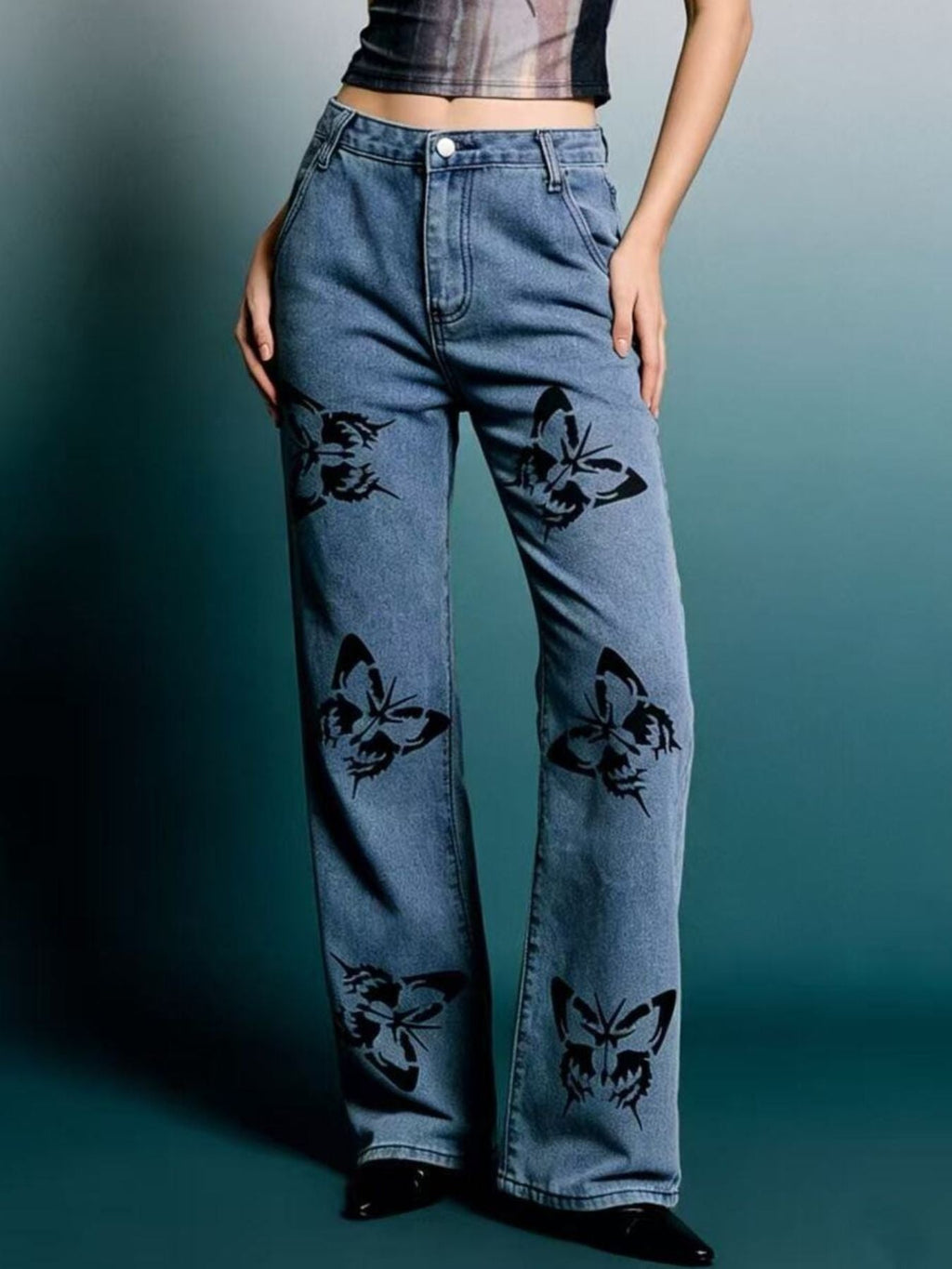 Butterfly Print High-Waisted Wide Leg Jeans - Lara Moda