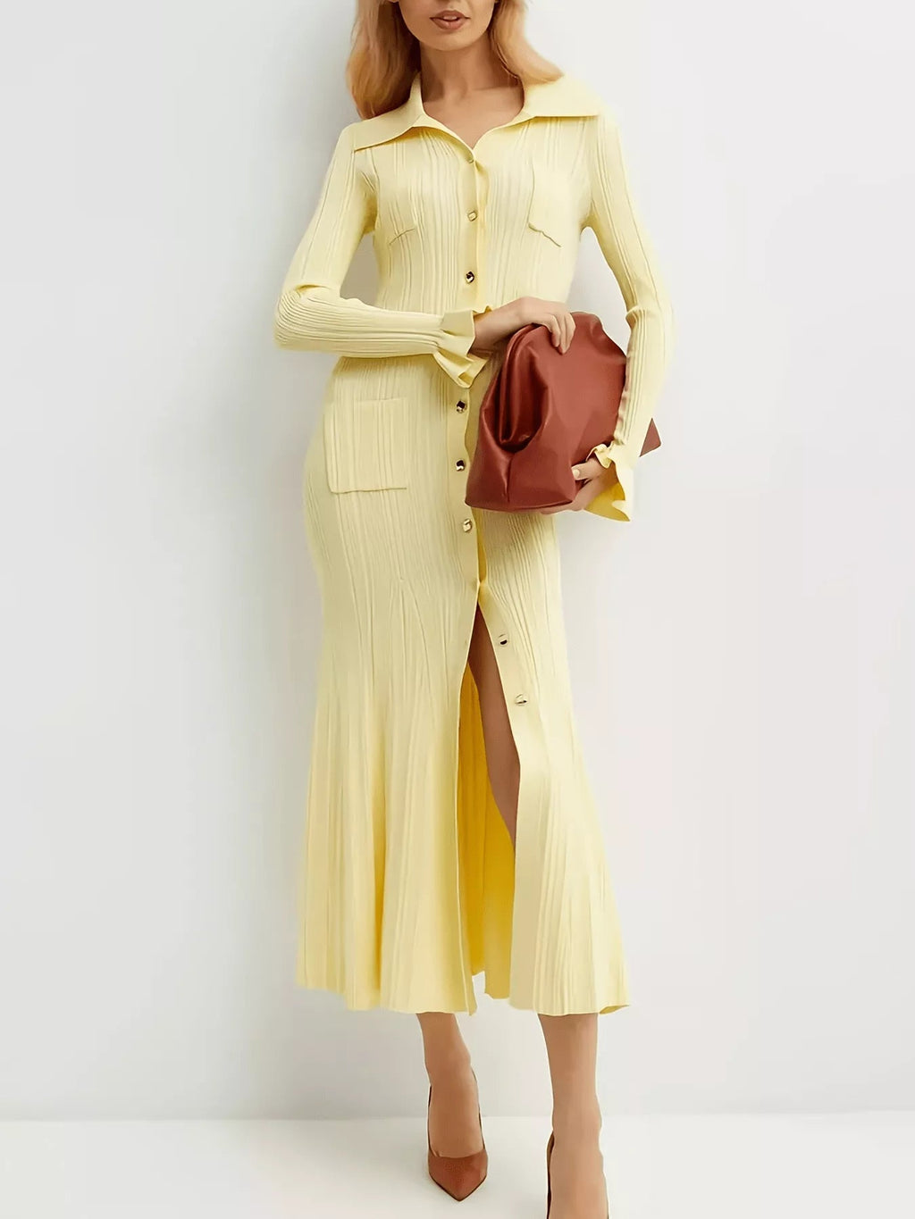 Button-Down Flounce Sleeve Sweater Dress - Lara Moda