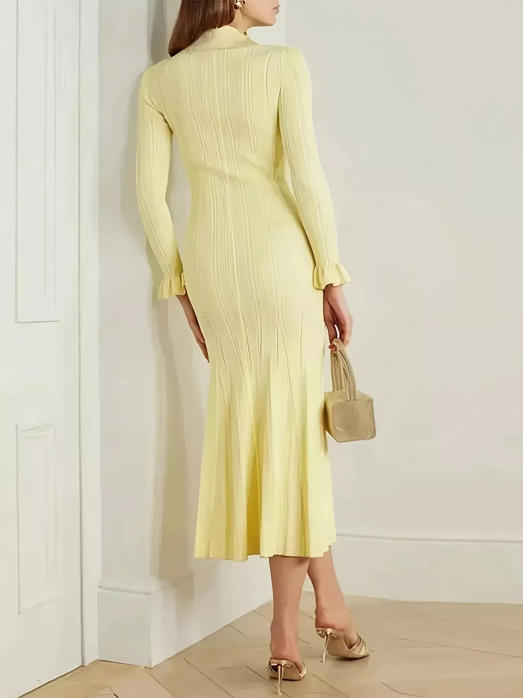 Button-Down Flounce Sleeve Sweater Dress - Lara Moda