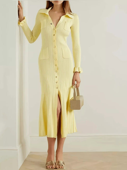 Button-Down Flounce Sleeve Sweater Dress - Lara Moda