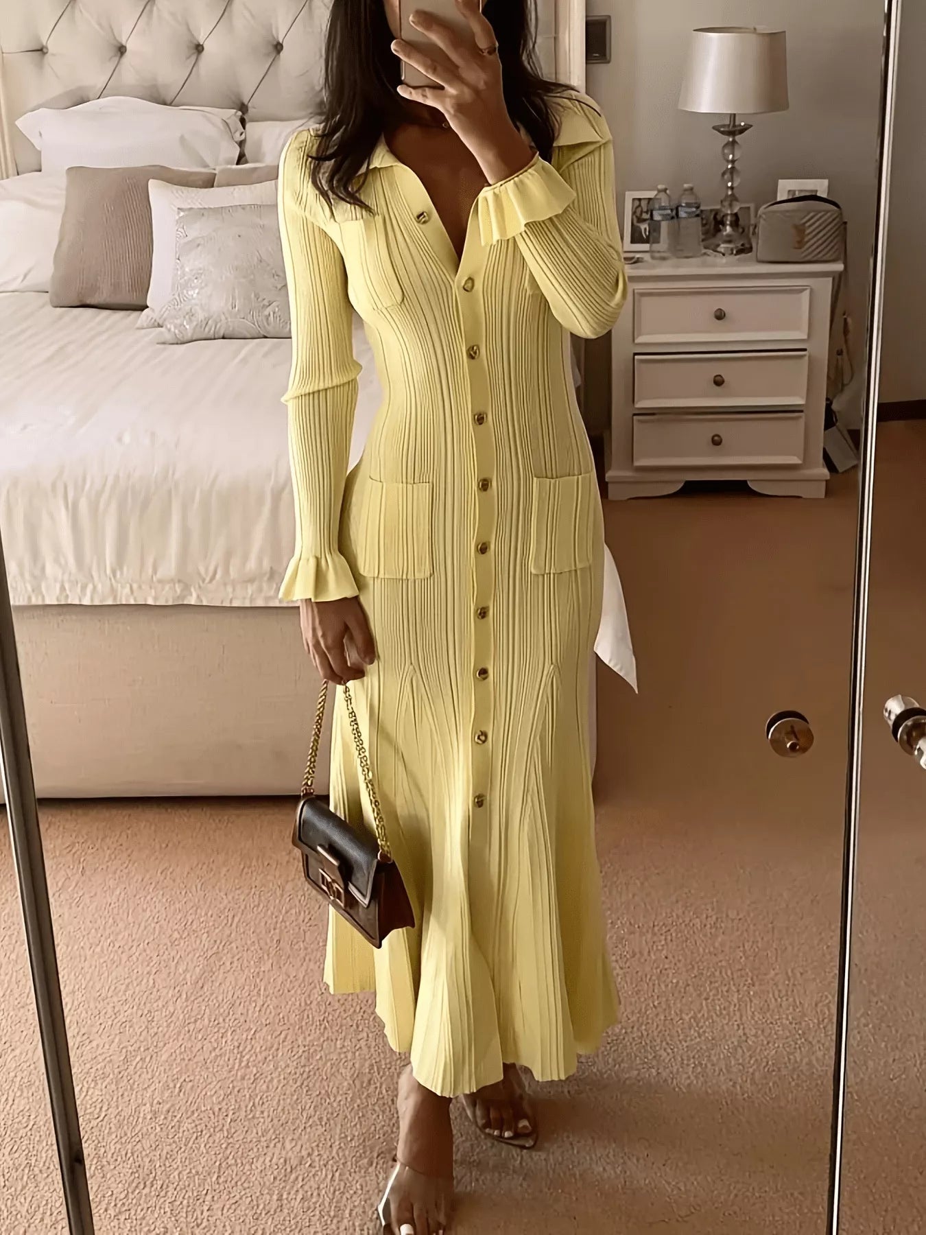 Button-Down Flounce Sleeve Sweater Dress - Lara Moda