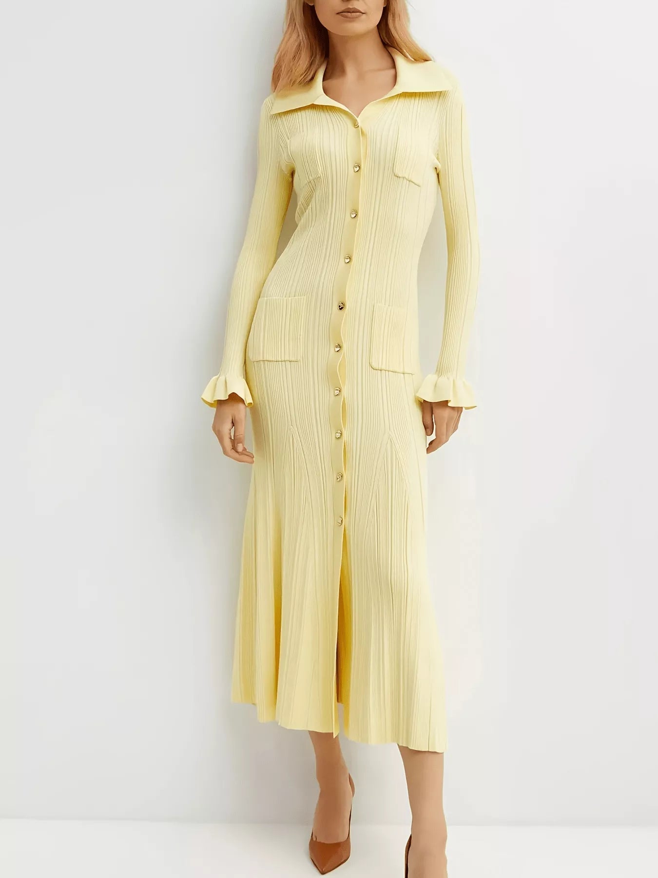 Button-Down Flounce Sleeve Sweater Dress - Lara Moda