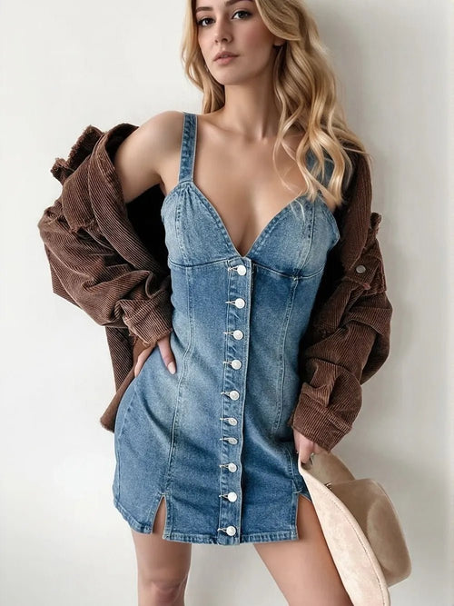Button Down Mini Cami Denim Dress - Lara Moda