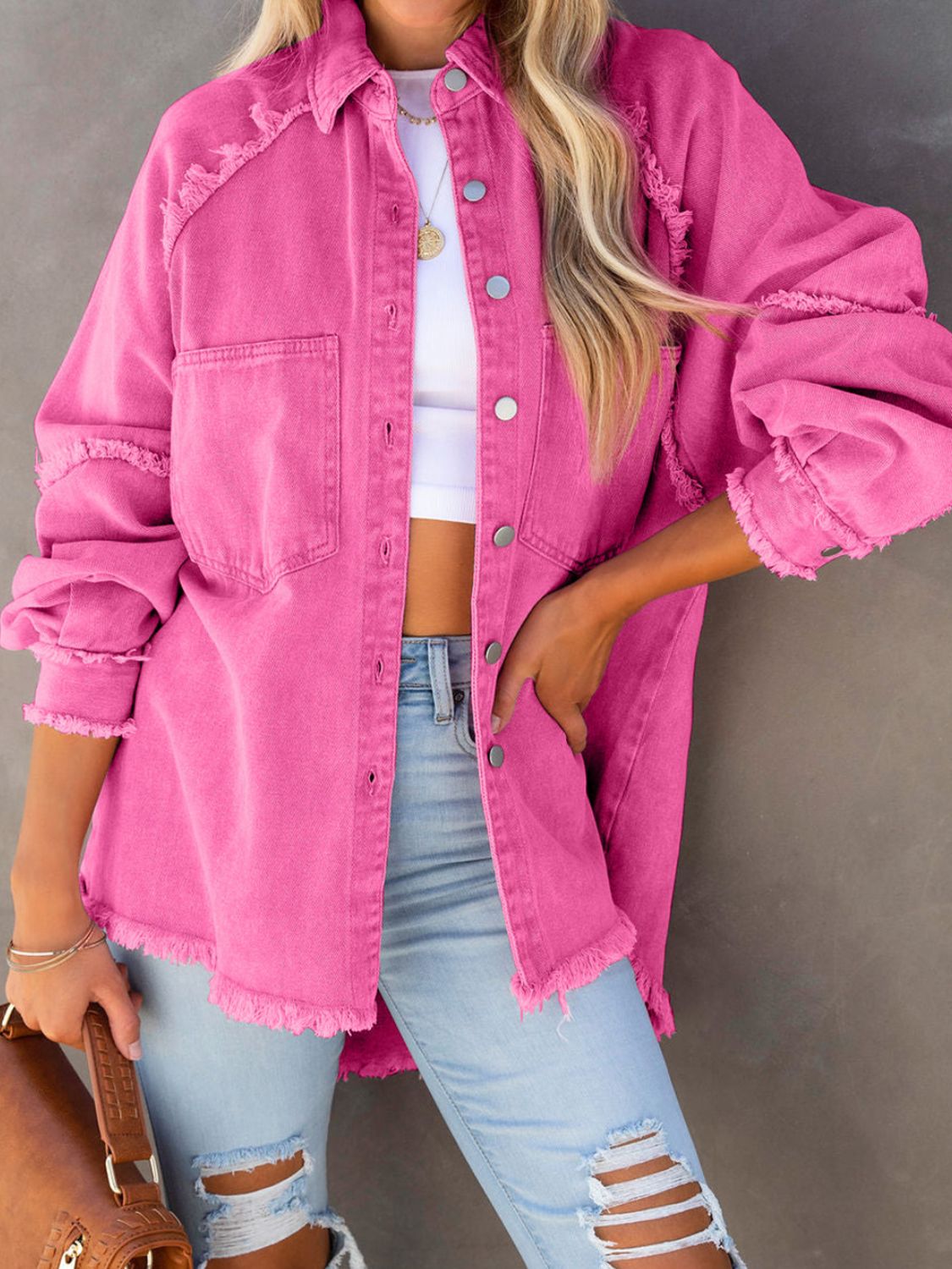 Button Down Raw Hem Denim Jacket - Lara Moda