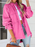Button Down Raw Hem Denim Jacket - Lara Moda