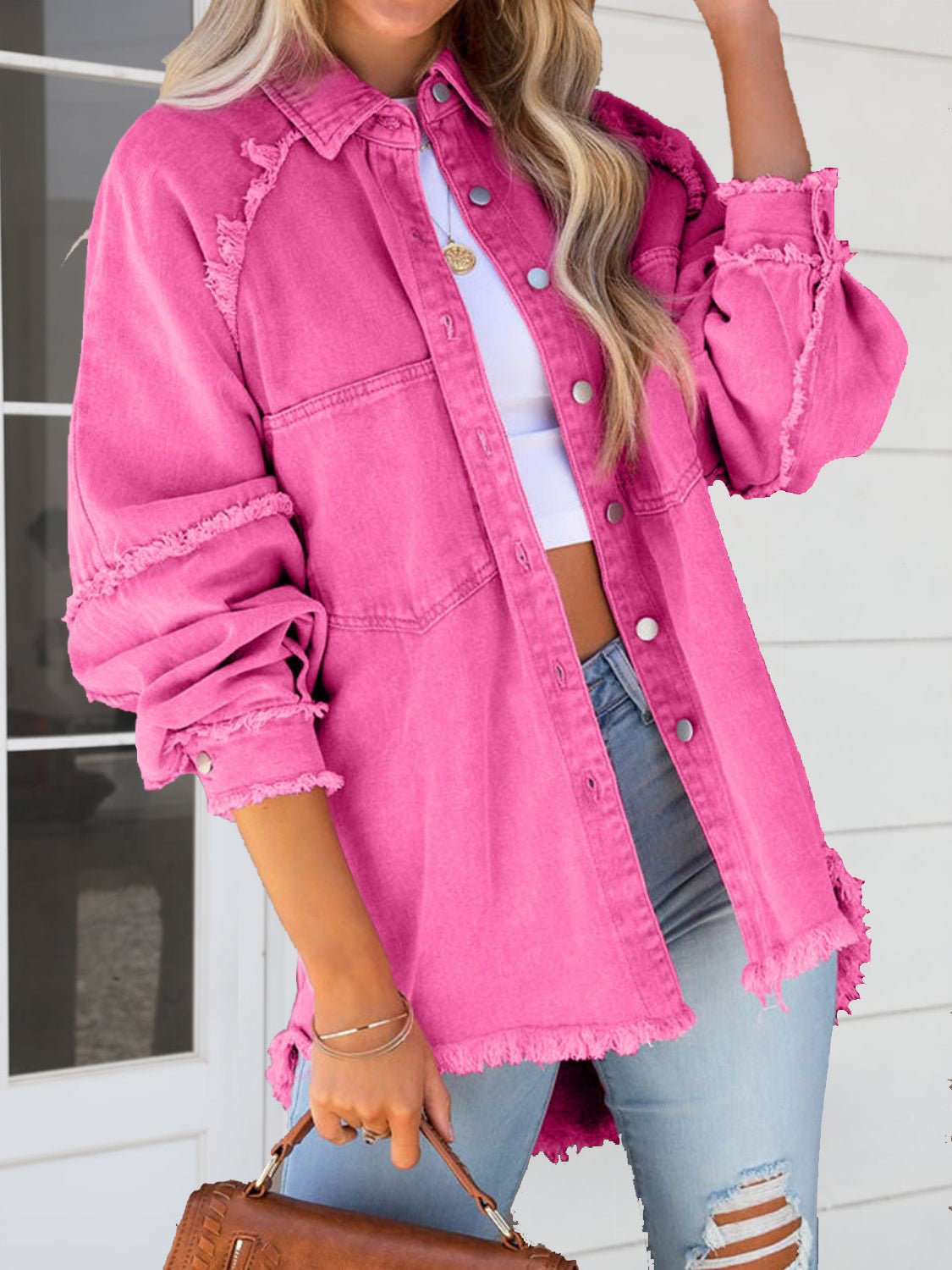 Button Down Raw Hem Denim Jacket - Lara Moda