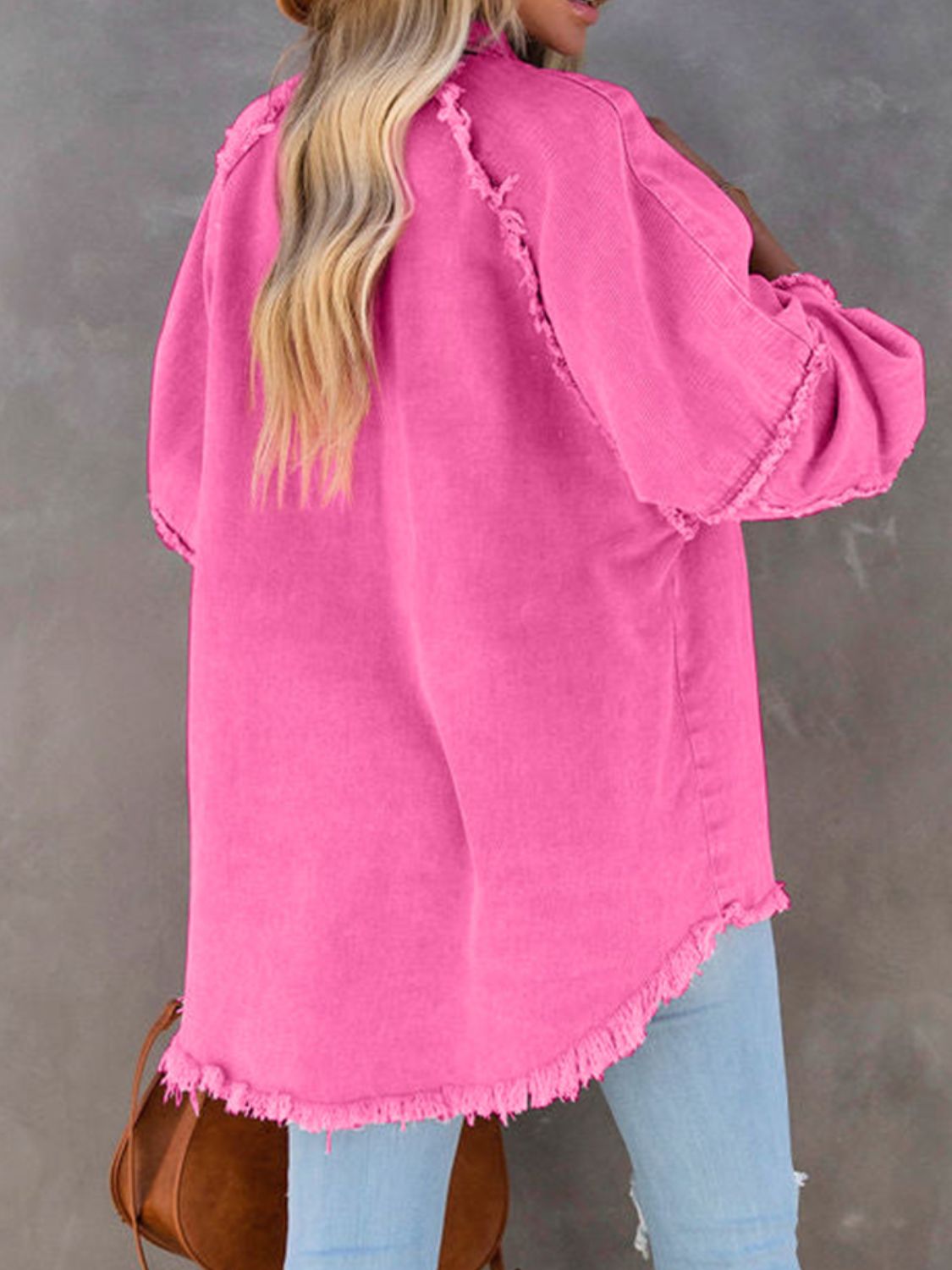 Button Down Raw Hem Denim Jacket - Lara Moda