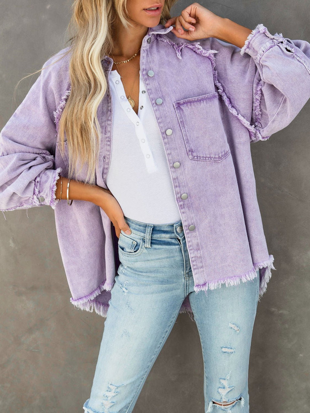 Button Down Raw Hem Denim Jacket - Lara Moda