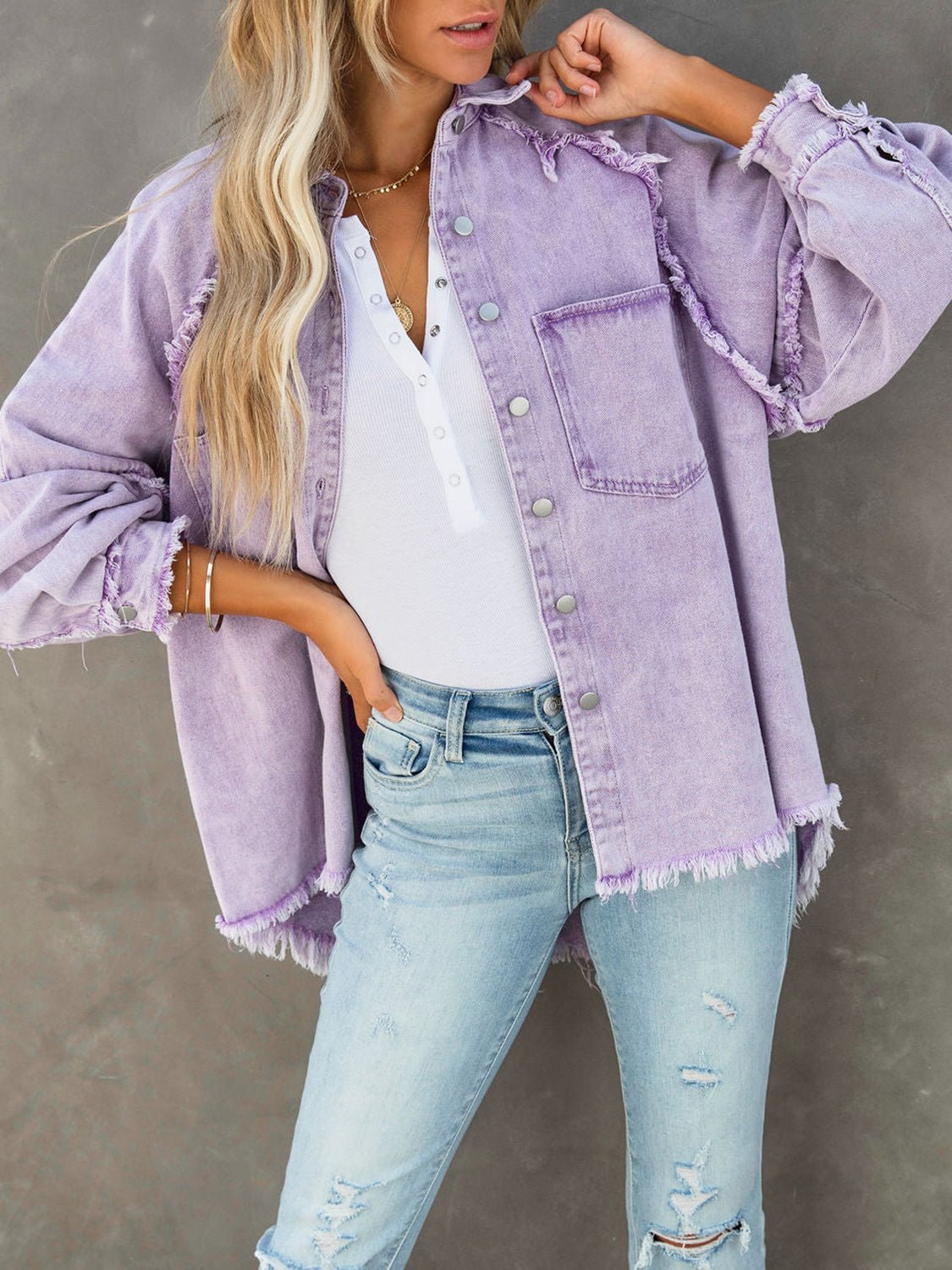 Button Down Raw Hem Denim Jacket - Lara Moda