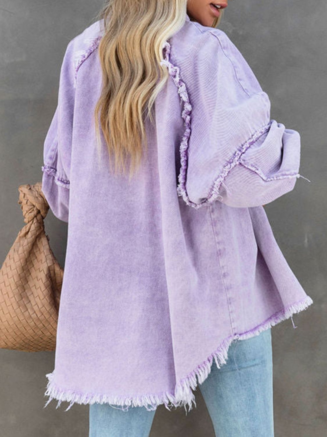 Button Down Raw Hem Denim Jacket - Lara Moda