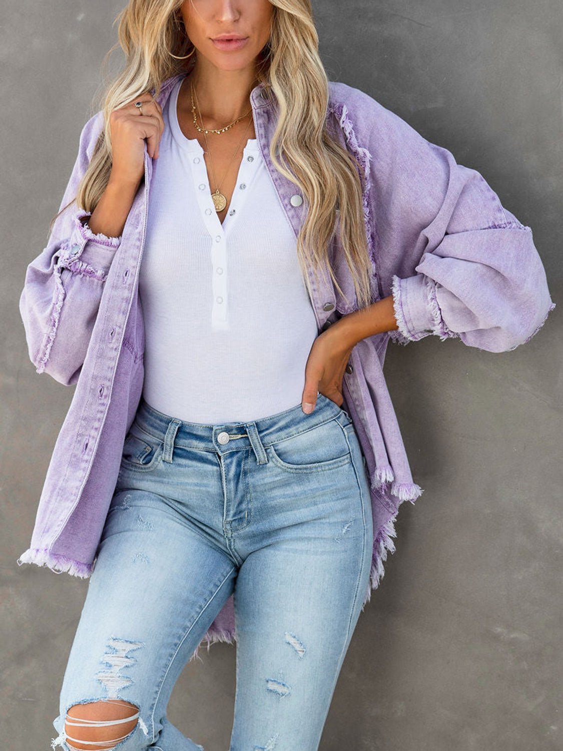 Button Down Raw Hem Denim Jacket - Lara Moda