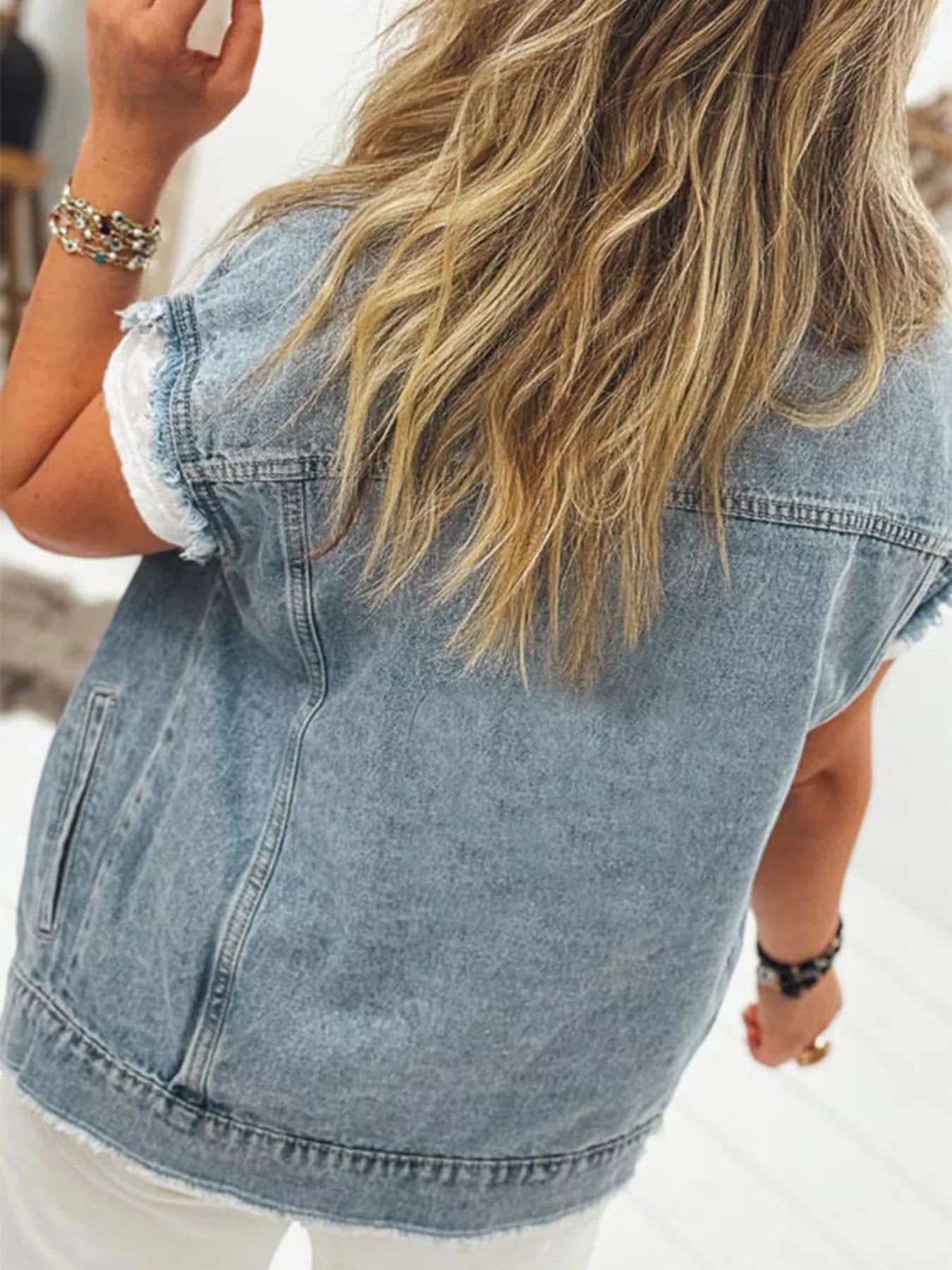 Button Flap Pocket Frayed Detail Denim Vest - Lara Moda