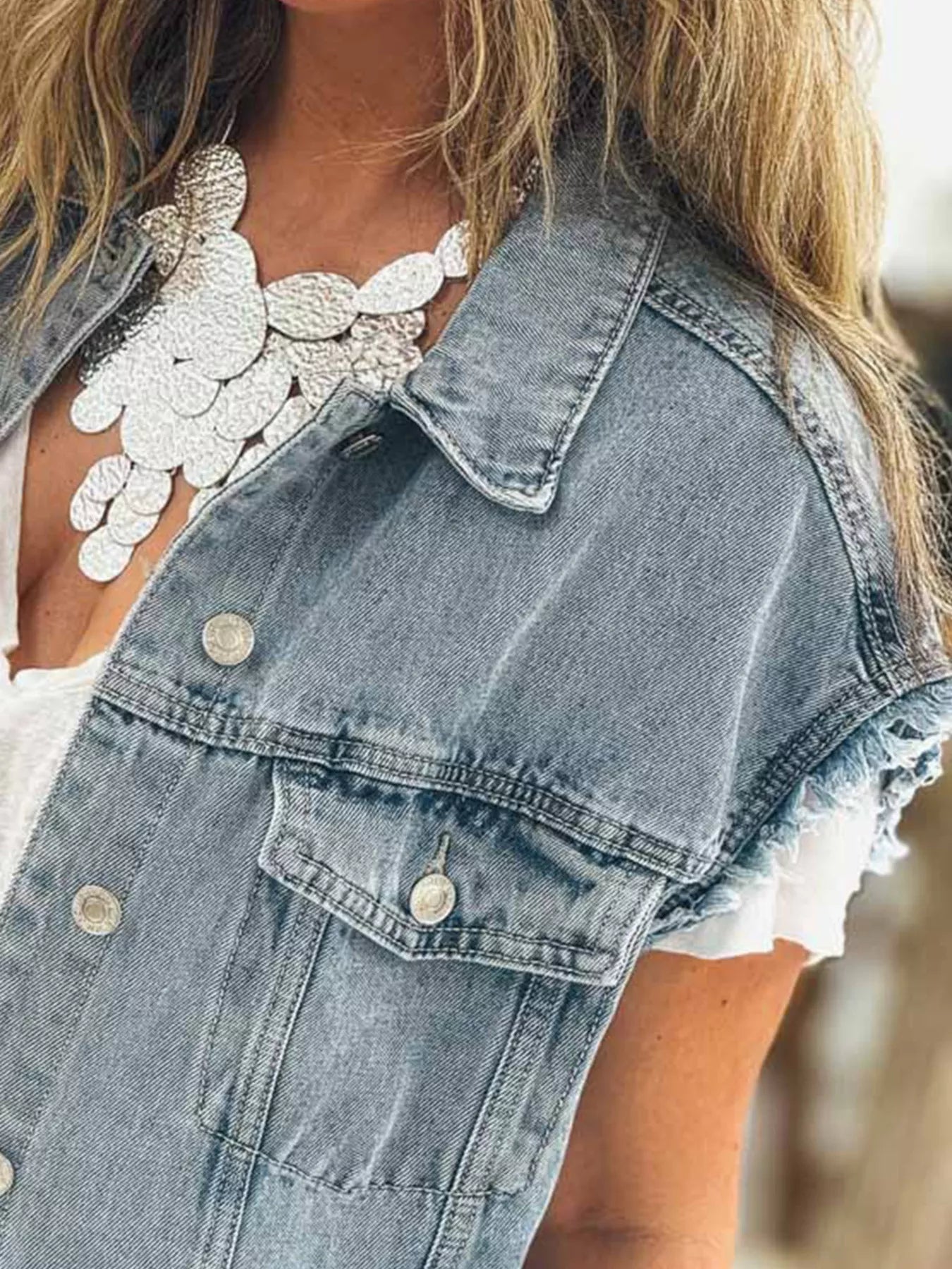 Button Flap Pocket Frayed Detail Denim Vest - Lara Moda