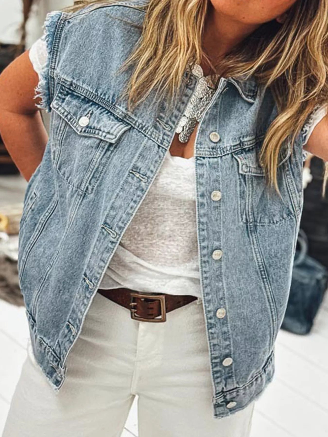 Button Flap Pocket Frayed Detail Denim Vest - Lara Moda