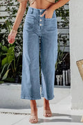 Button Fly Cropped Wide Leg Jeans - Lara Moda