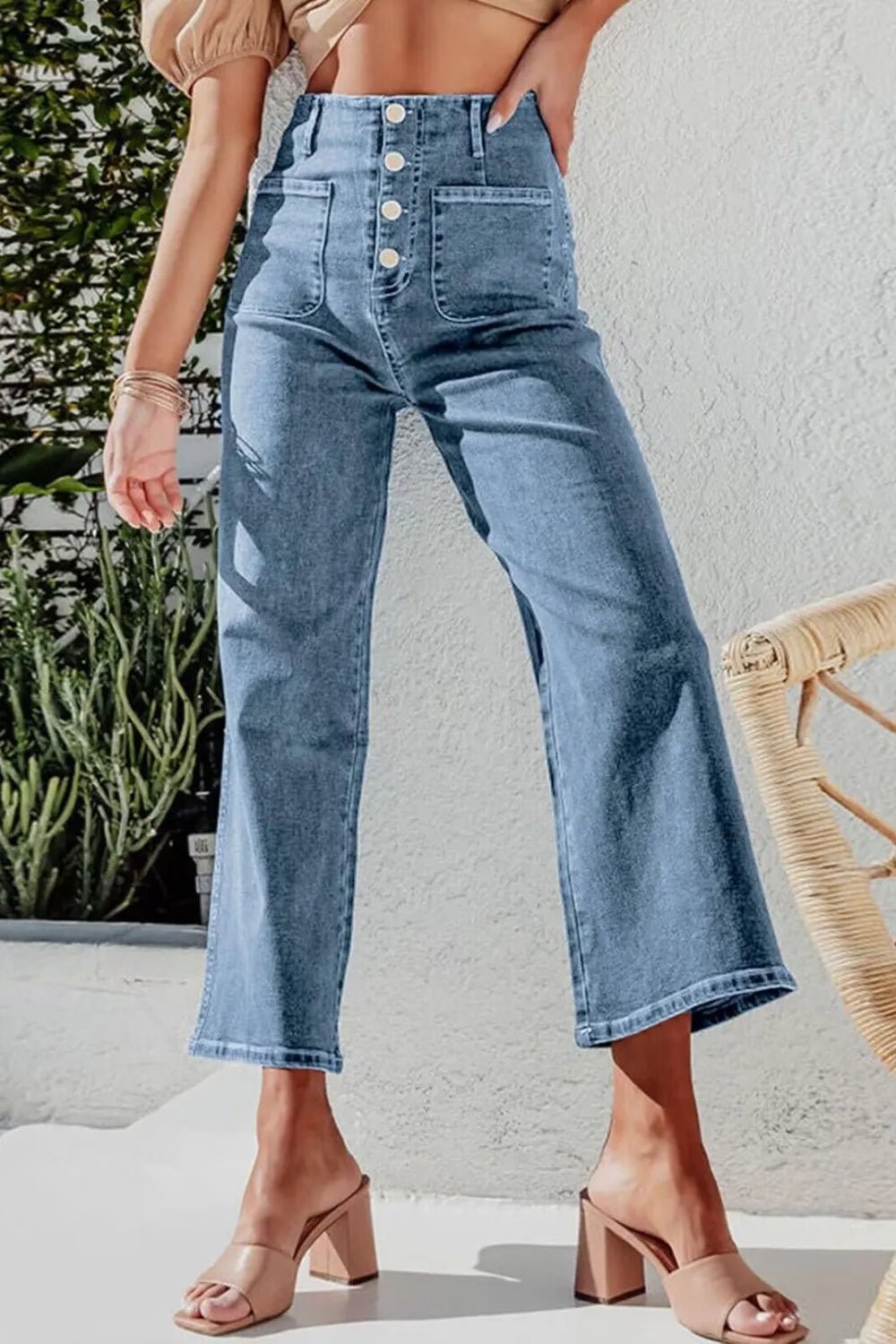 Button Fly Cropped Wide Leg Jeans - Lara Moda