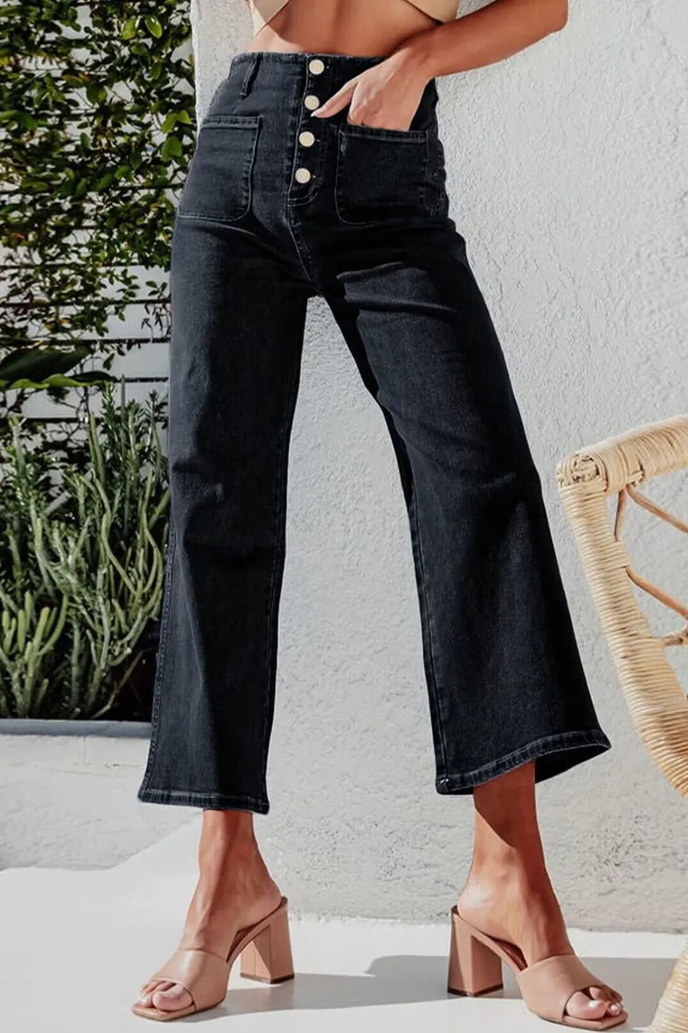 Button Fly Cropped Wide Leg Jeans - Lara Moda